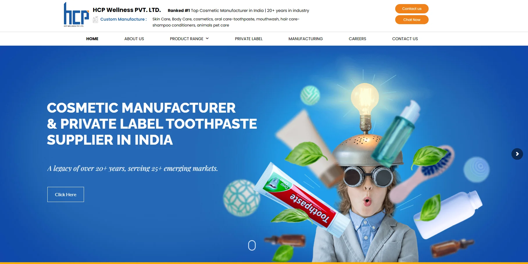 Homepage of HCP Wellness Pvt. Ltd., showcasing its services as a cosmetic manufacturer and private label toothpaste supplier in India. The background features cosmetic products, leaves, and a glowing light bulb.